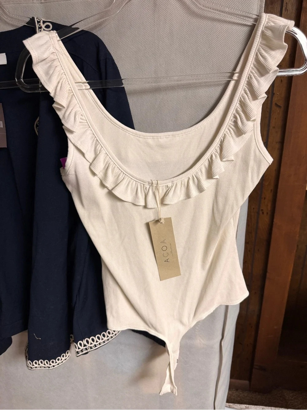 ACOA Collection Ivory Ribbed Ruffle-Neck Bodysuit  Medium - Picture 3 of 4